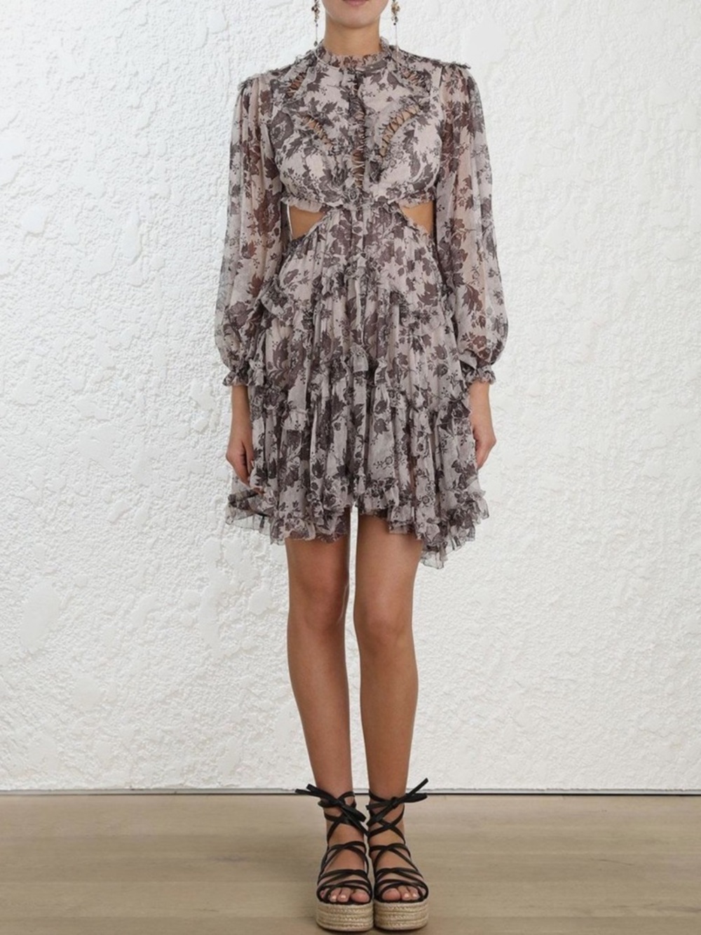 Zimmermann Cream and Brown Floral Ruffle Mini Dress Sz M - Picture 3 of 15
